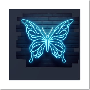 Neon Butterfly on a brick wall Posters and Art